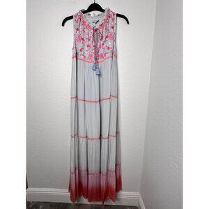 Taj By Sabrina Crippa Embroidered Beads Tiered Maxi Dress Size M Silver/Pink Tas